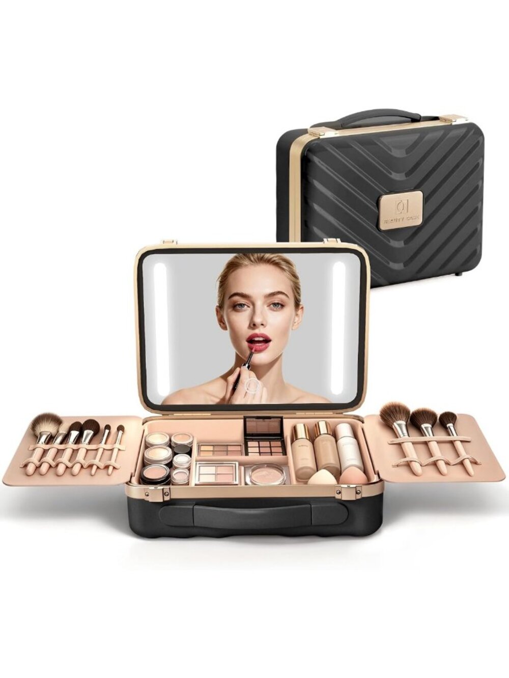 LED Lighted Makeup Travel Case - Portable Organizer with Mirror, Black